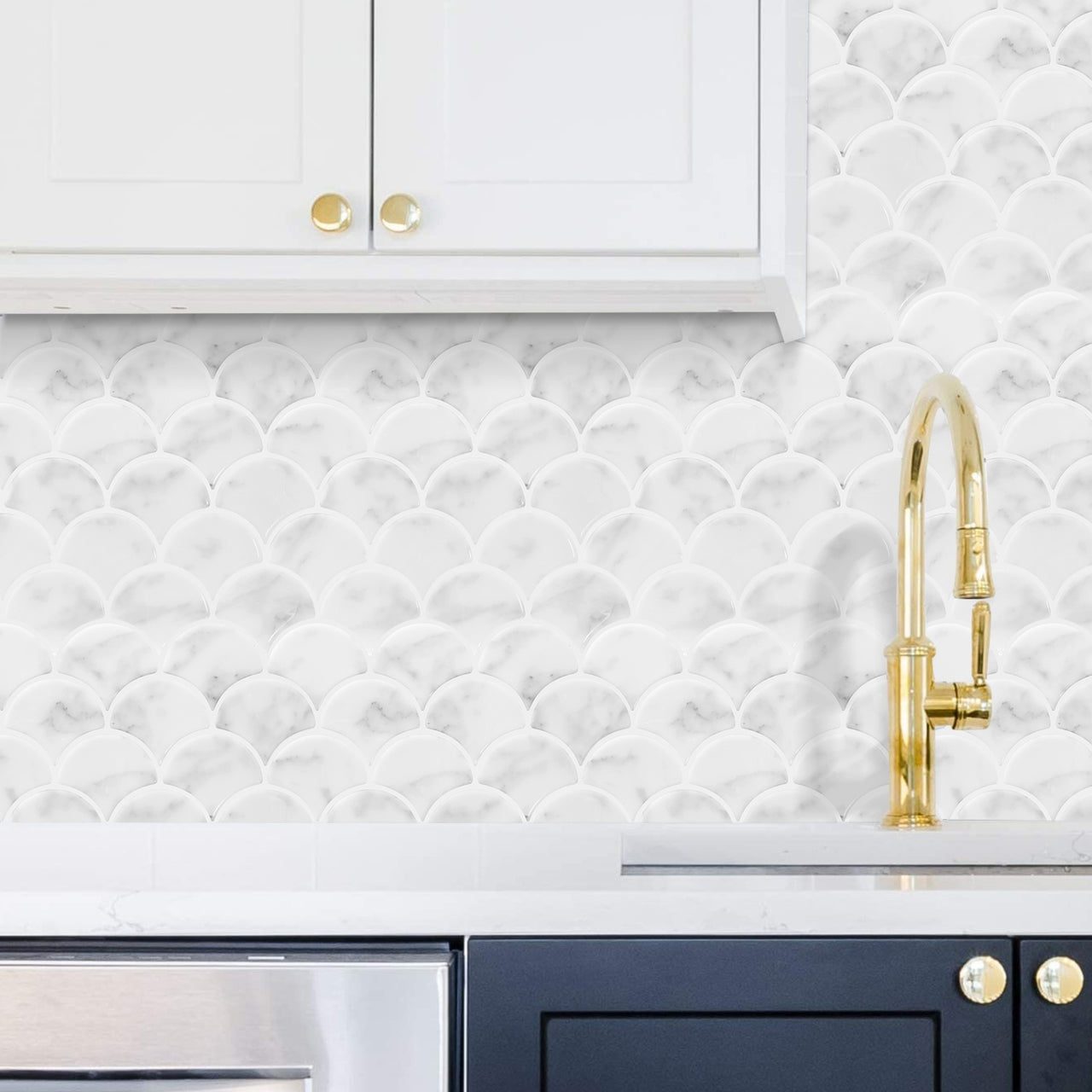 White and Grey marble oriental fan tiles in kitchen