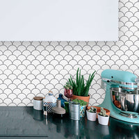 Thumbnail for White peel and stick oriental fan tiles with grey grout as a kitchen backsplash