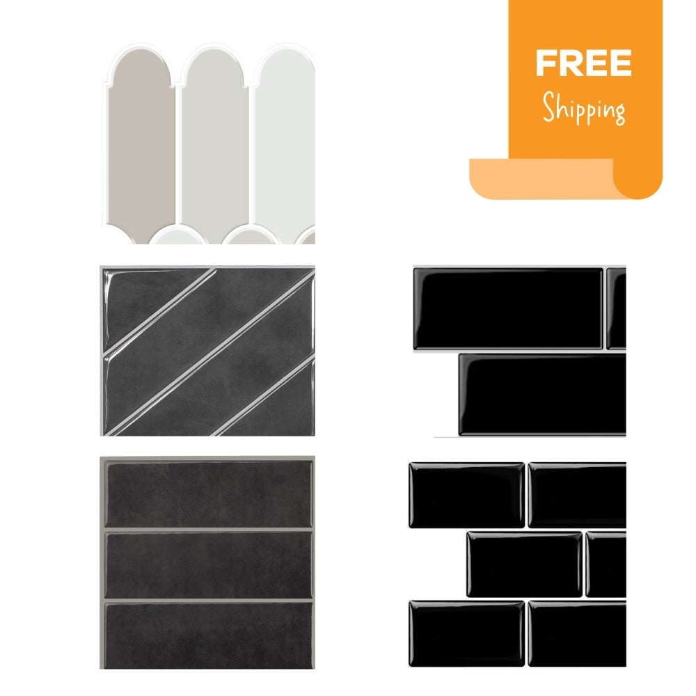 Sample pack of black and grey peel and stick wall tiles