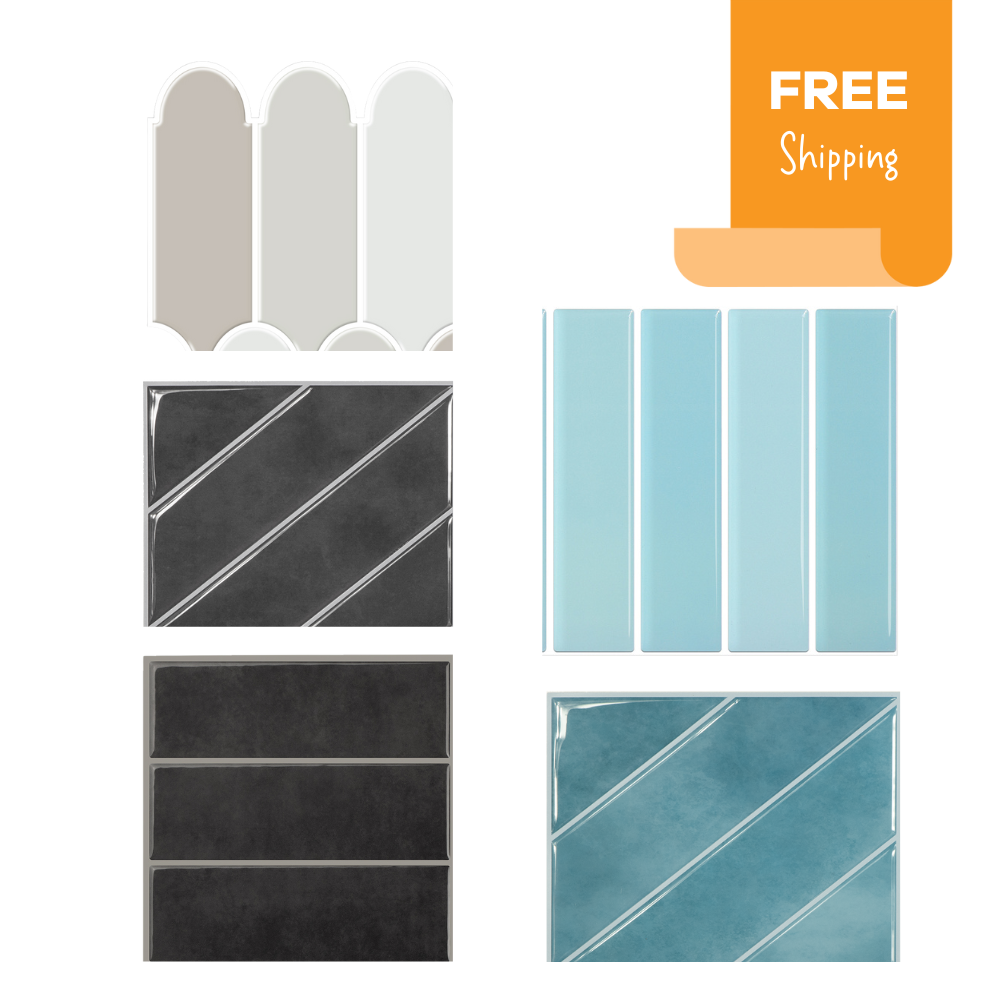 Sample pack of black, grey and blue peel and stick wall tiles