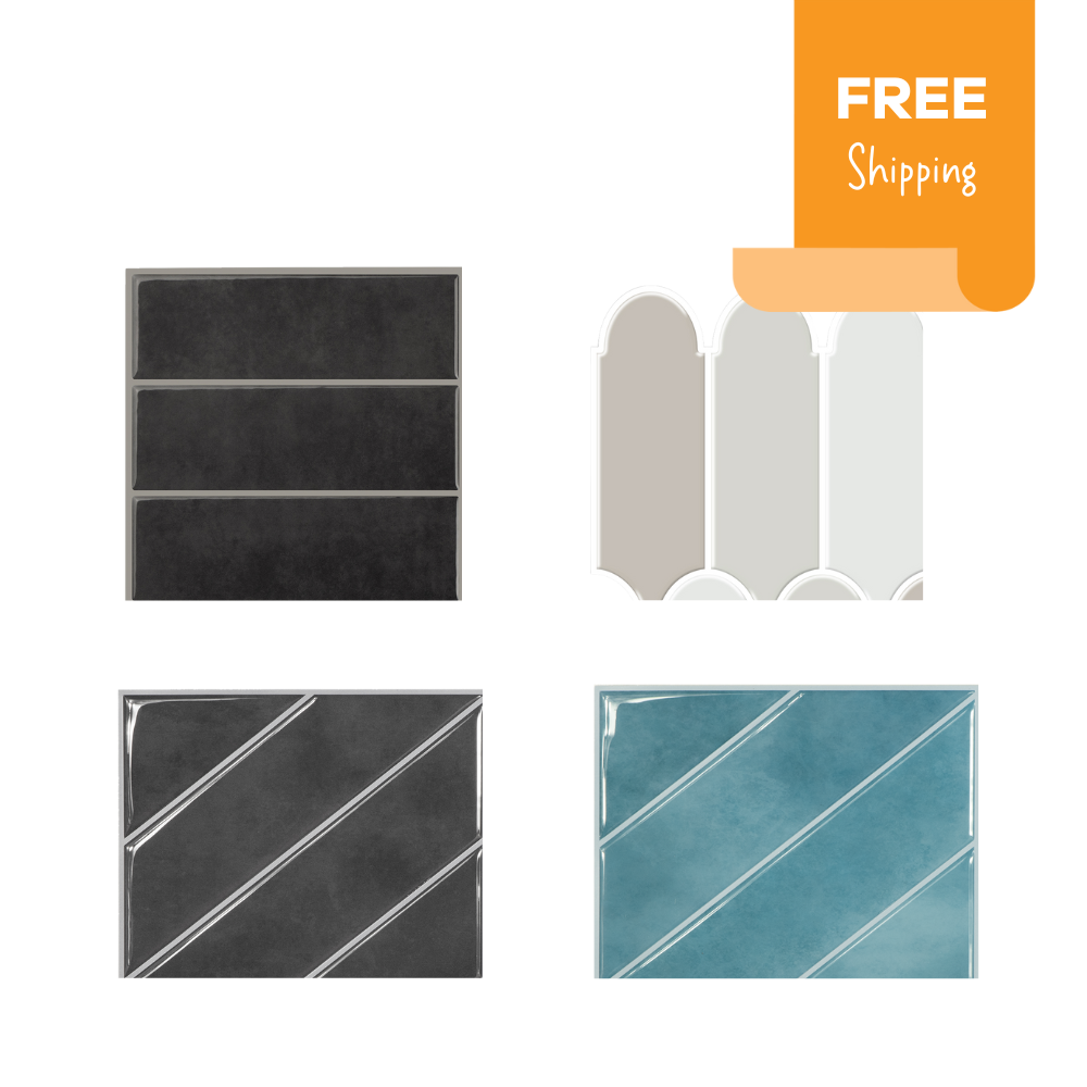 Sample pack of black, grey and blue peel and stick wall tiles