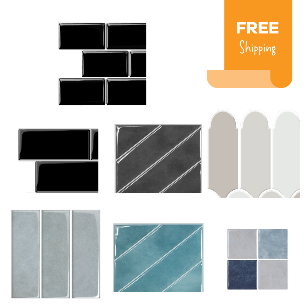 Sample pack of black, grey and blue peel and stick wall tiles