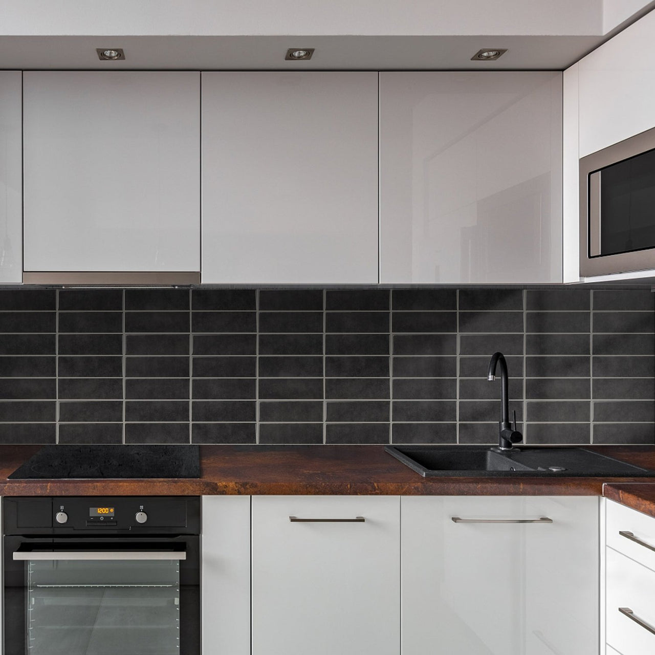 Dark grey stacked subway tile in kitchen