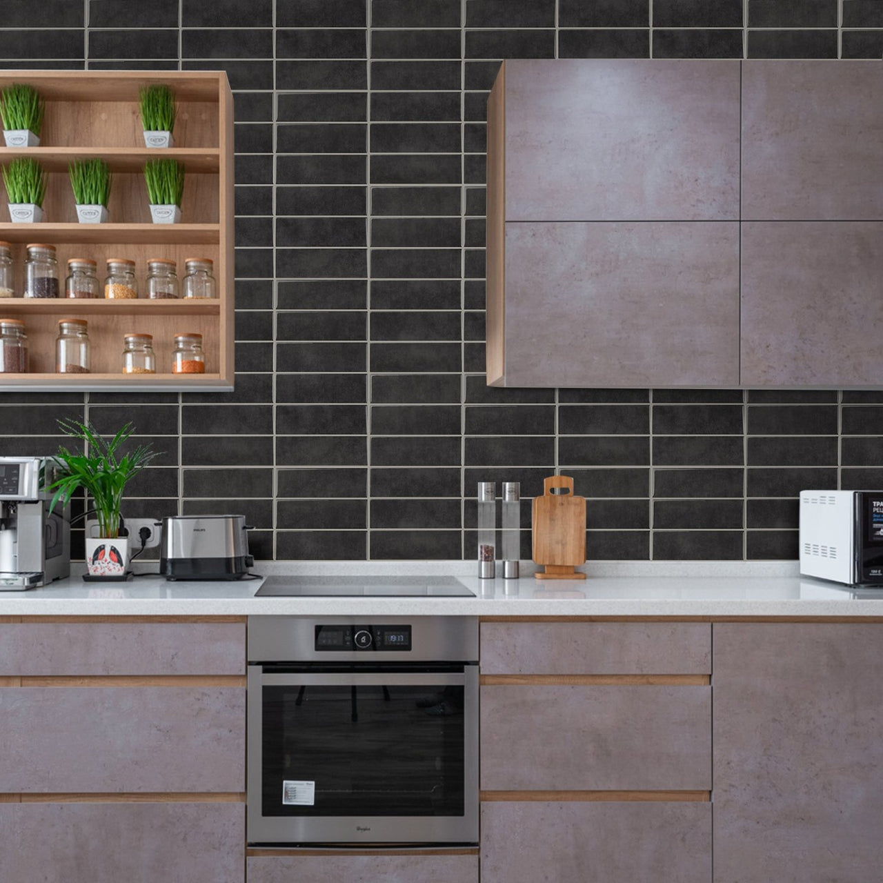 Dark grey stacked subway tiles in kitchen