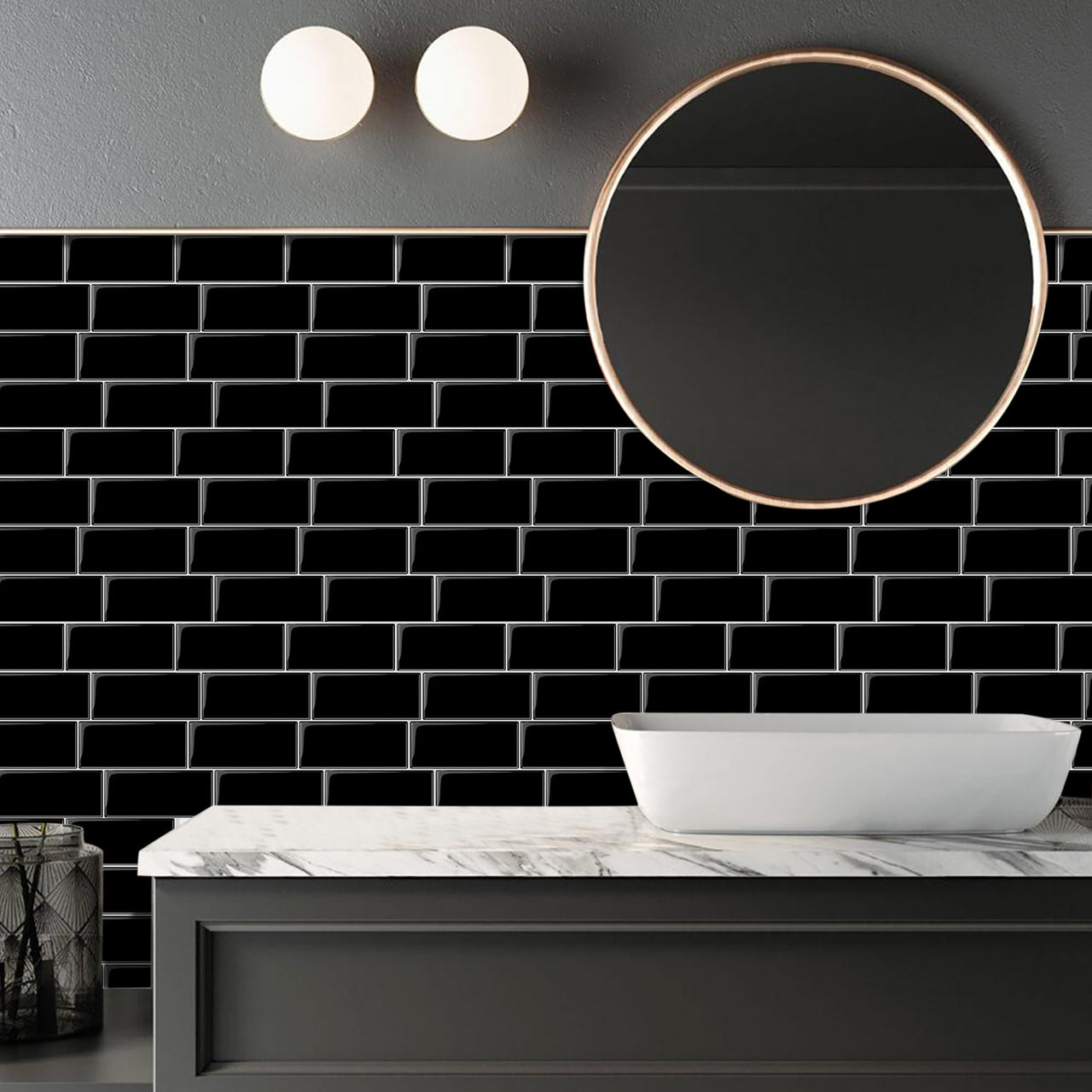 black subway tile in bathroom