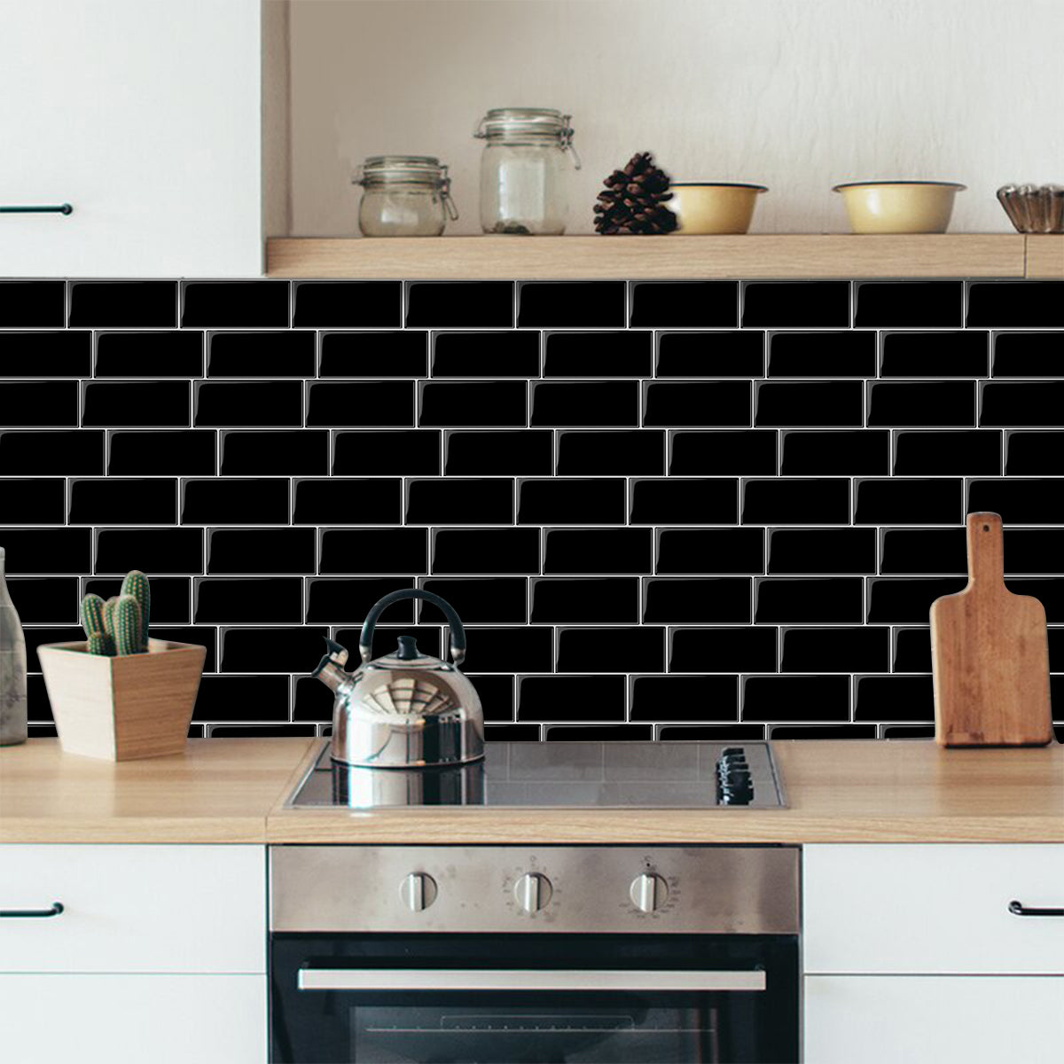 black peel and stick subway tile kitchen splashback