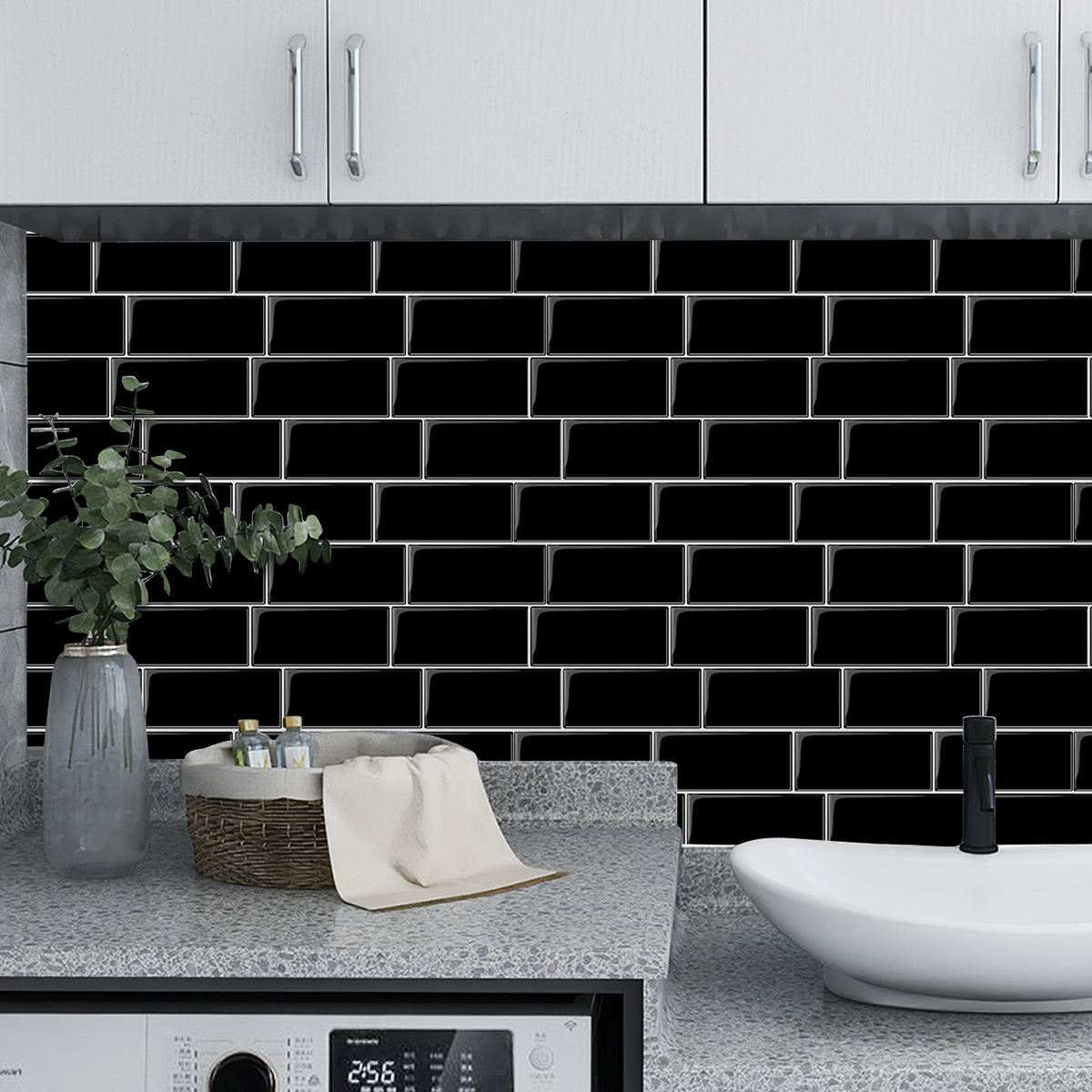 Black peel and stick subway tile in laundry room