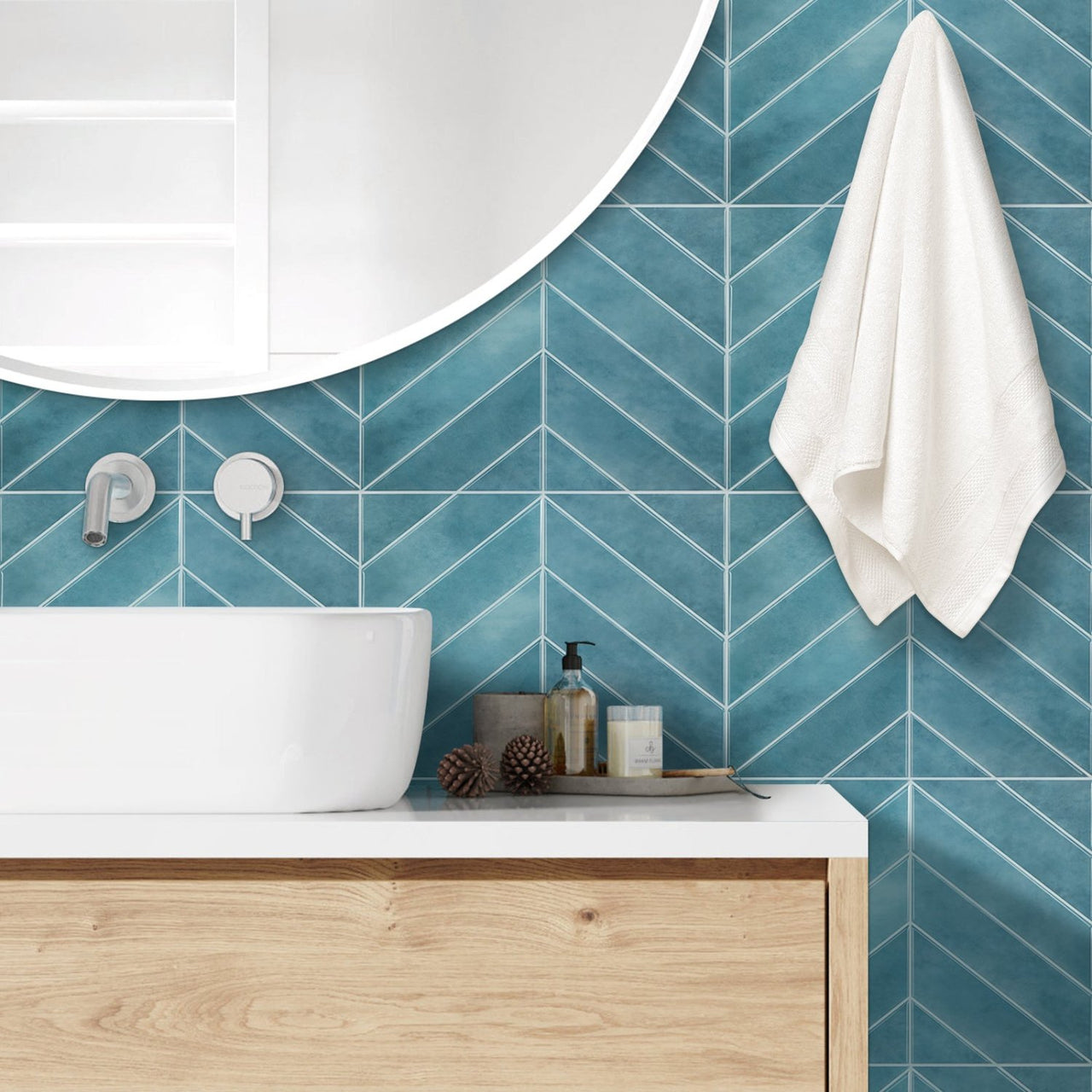 Blue chevron peel and stick tiles in bathroom