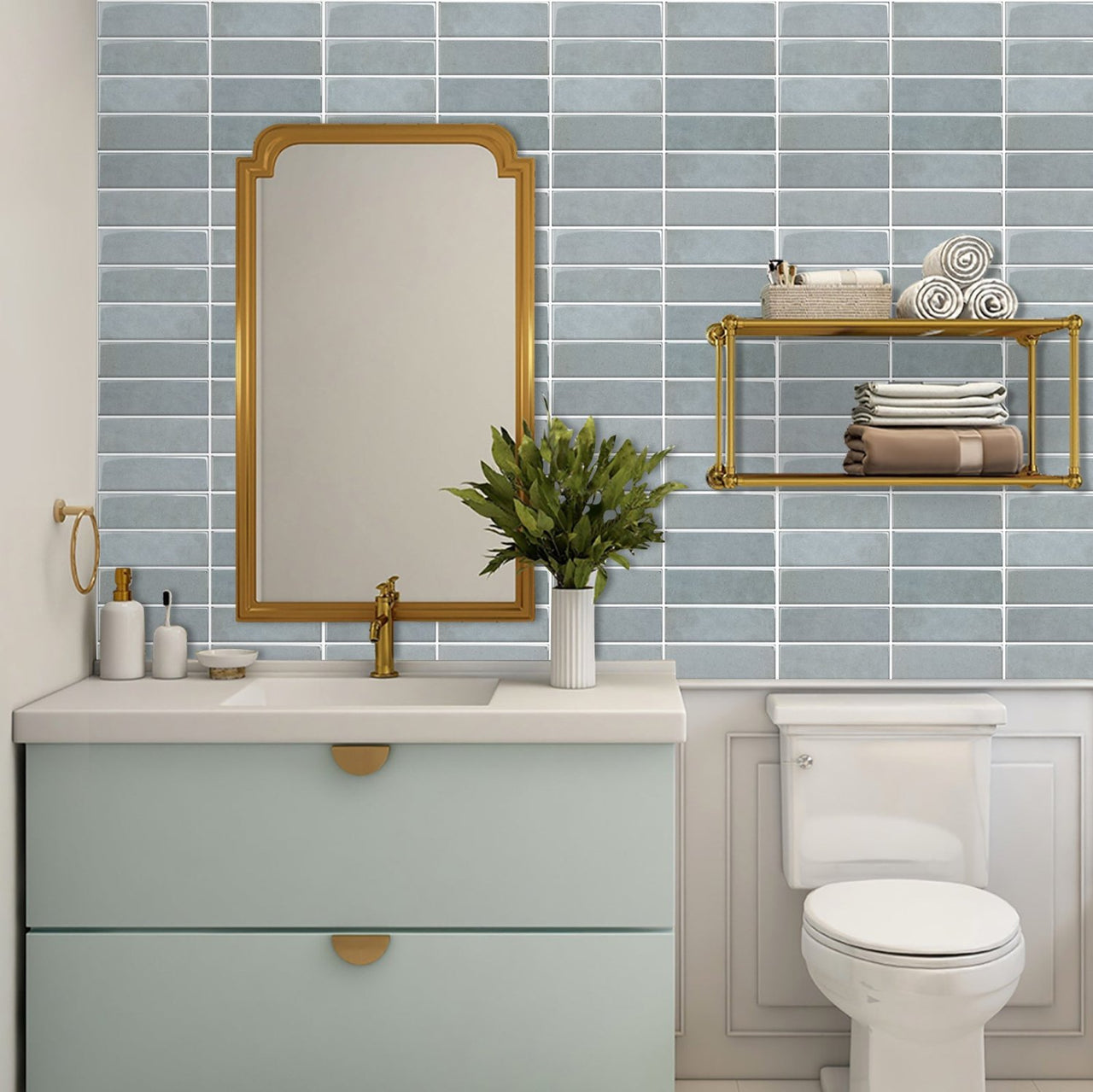 bathroom wall with blue stacked subway peel and stick tiles