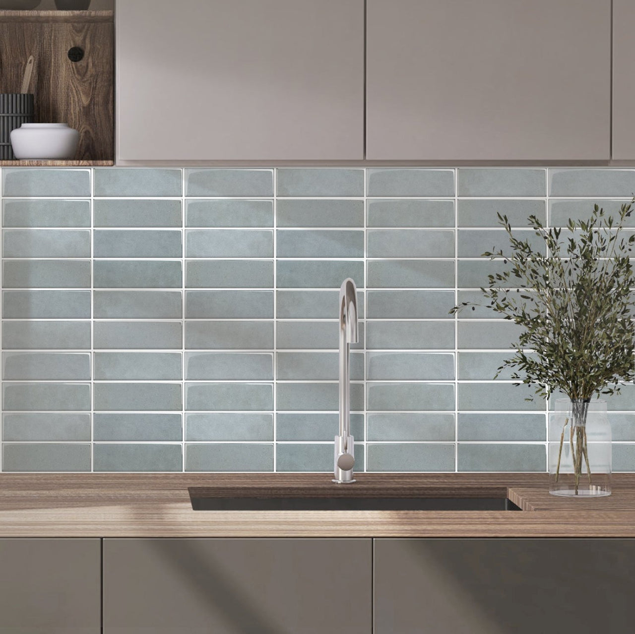 blue peel and stick stacked subway tiles splash back