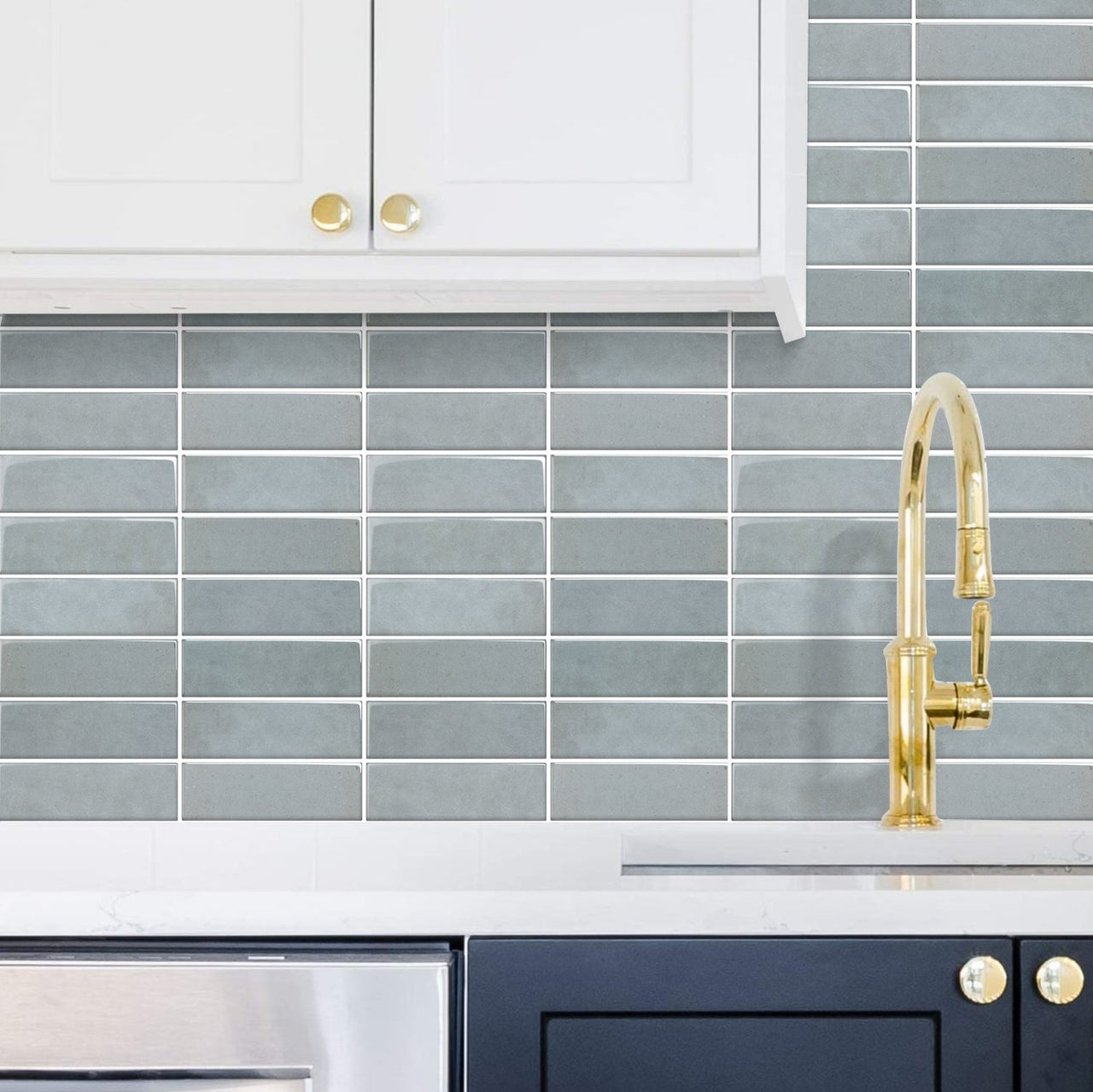 blues stacked subway tiles in a kitchen