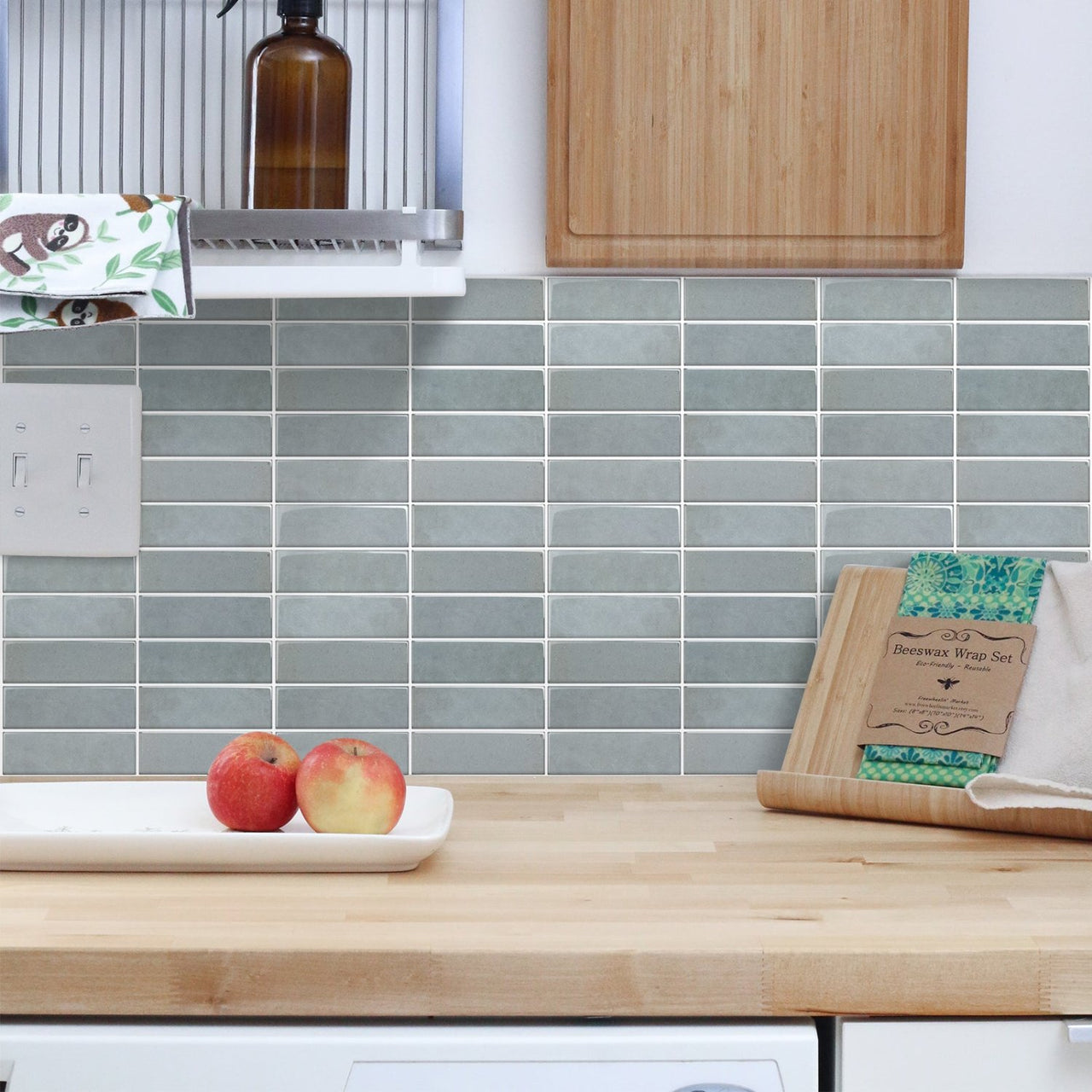 blue stacked subway tiles as a splash back