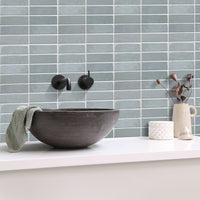 Thumbnail for Blue peel and stick stacked subway tiles in bathroom