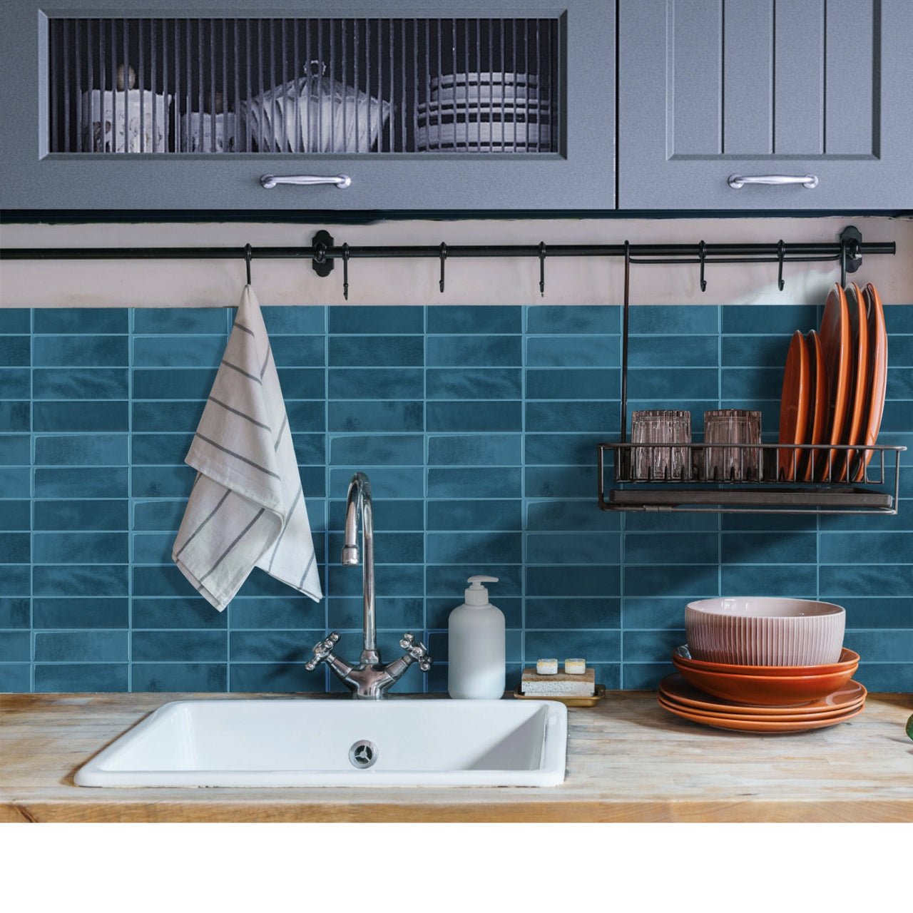 Stacked Subway Wall Tile | Turquoise Blue with Turquoise Blue Grout