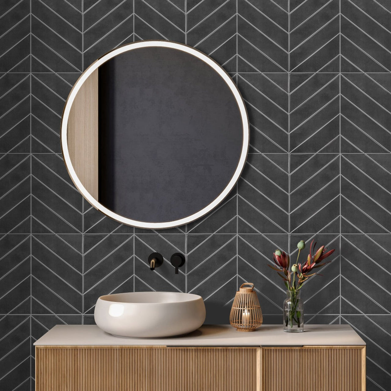 charcoal chevron peel and stick tiles in bathroom