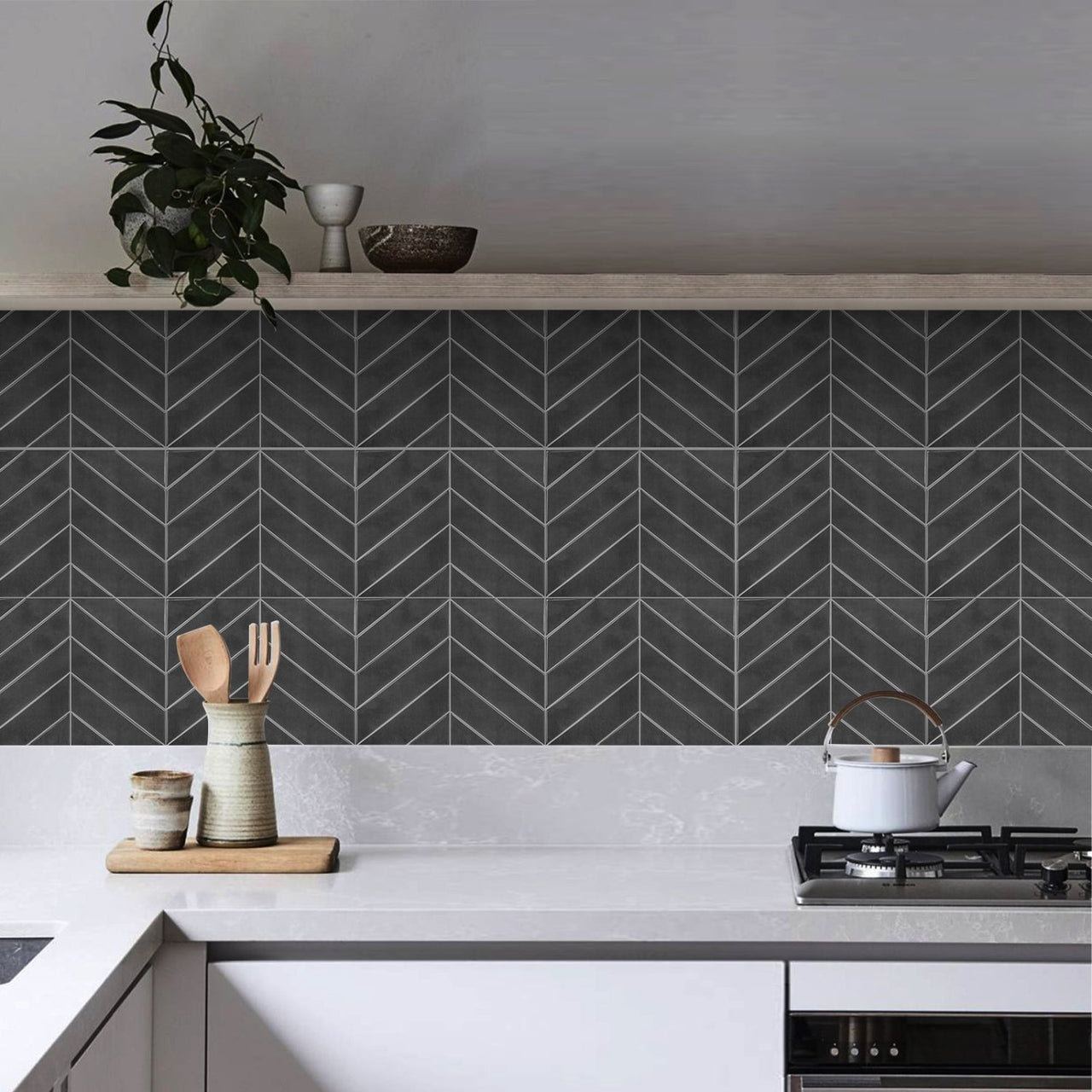 charcoal chevron tiles in kitchen