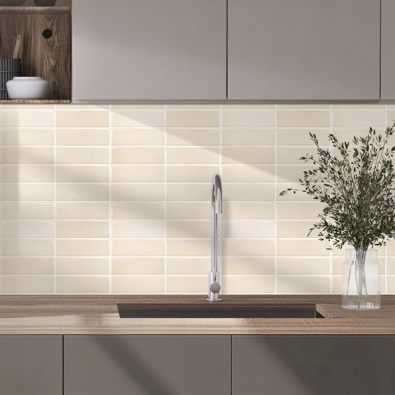 Stacked Subway Wall Tile | Cream with White Grout