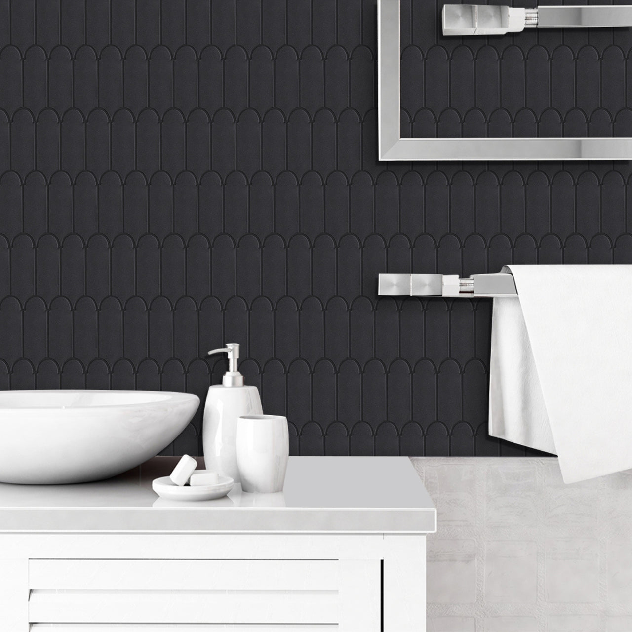 Feather black matte wall tiles with black grout on wall in bathroom
