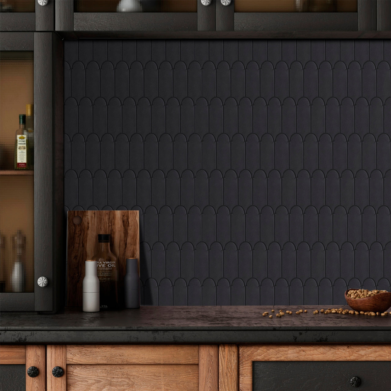 Feather black matte vinyl wall tiles as a kitchen splashback