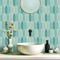 Thumbnail for Green feather peel and stick wall tiles with white grout in bathroom