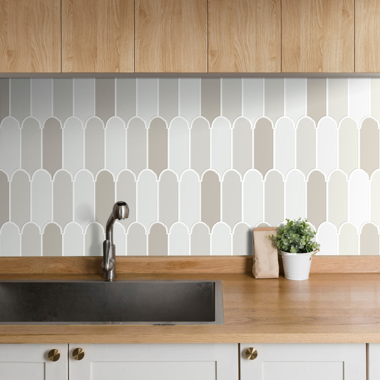 Grey feather wall tiles in kitchen
