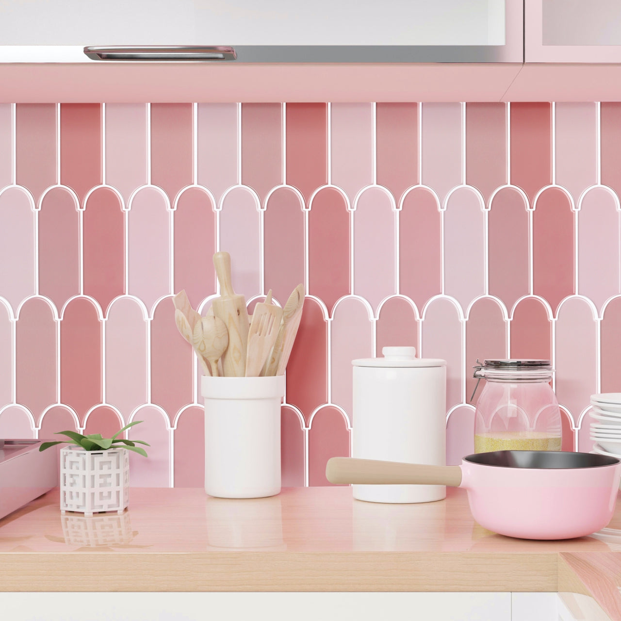 Pink feather tiles as a kitchen splash back