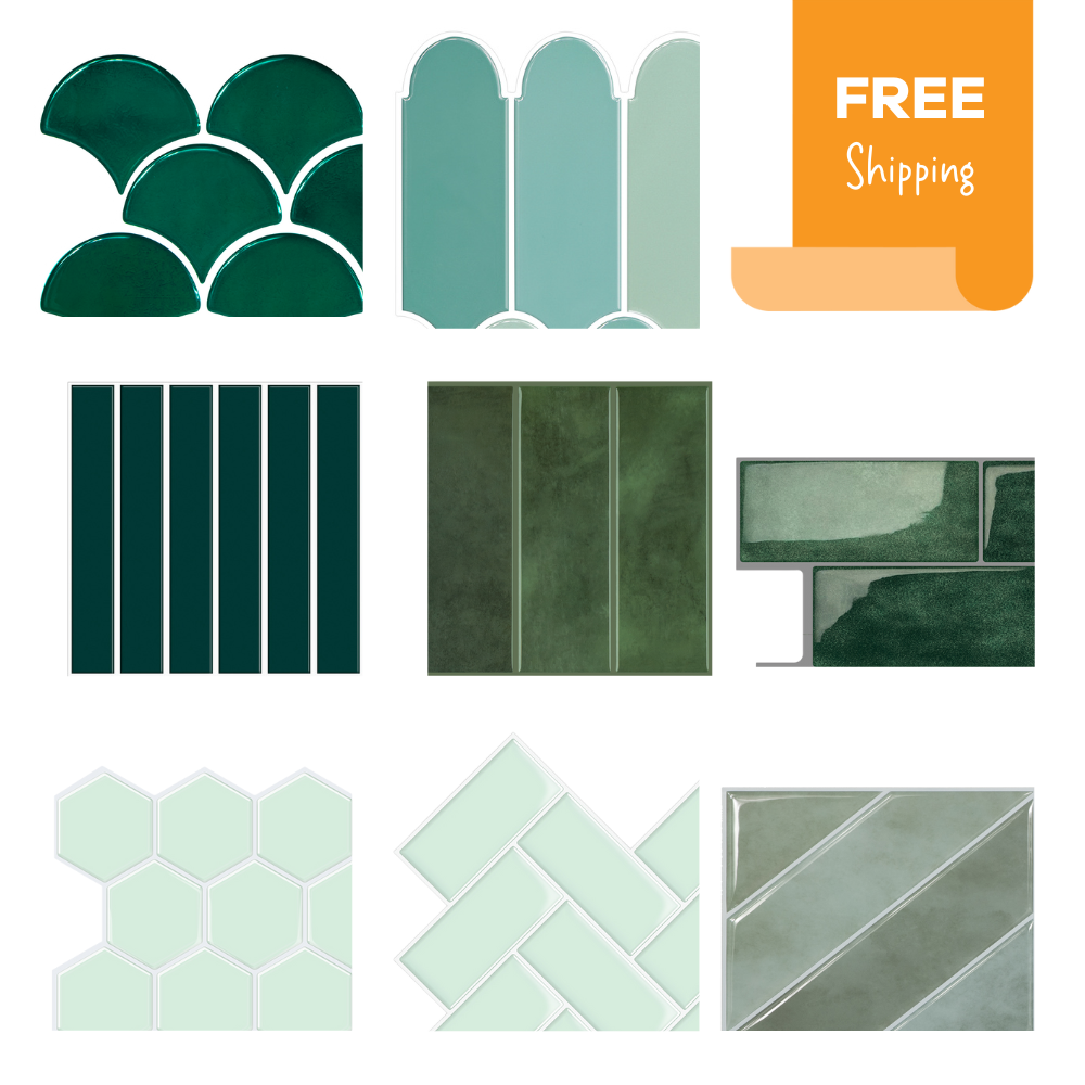 Sample pack of green and mint peel and stick wall tiles