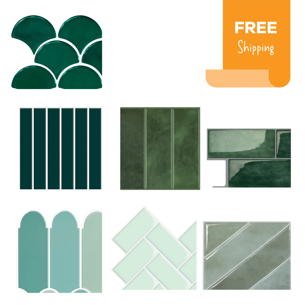 Sample pack of green and mint peel and stick wall tiles