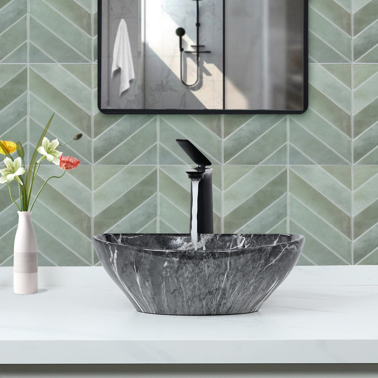 green chevron peel and stick tiles in bathroom