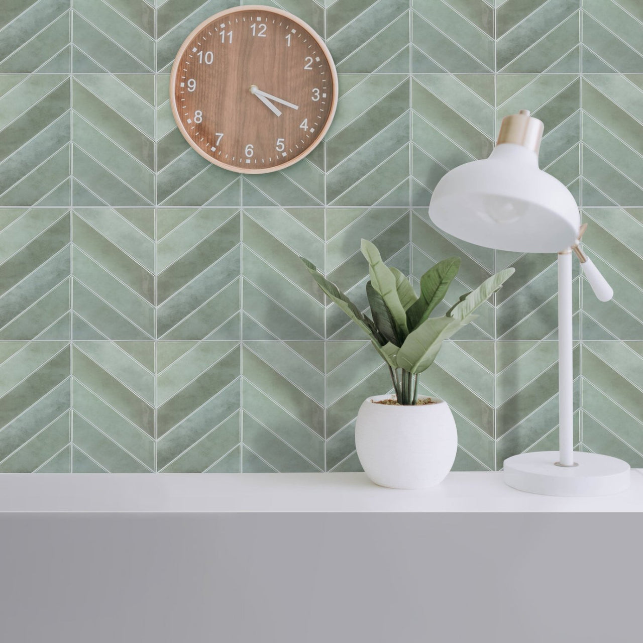 green chevron tiles as a feature wall