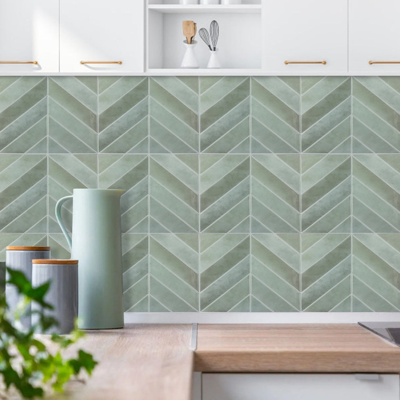 Green chevron peel and stick tiles in kitchen