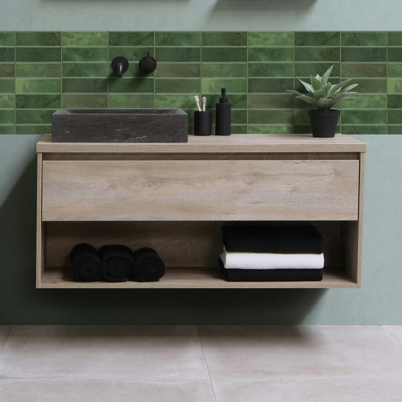 Stacked Subway Wall Tile | Green with Green Grout