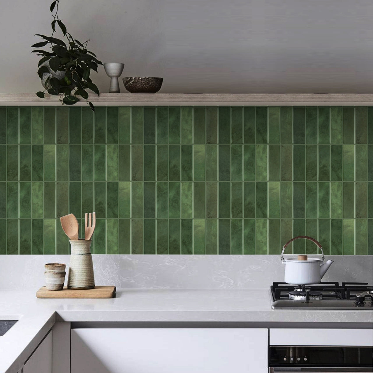 Stacked Subway Wall Tile | Green with Green Grout