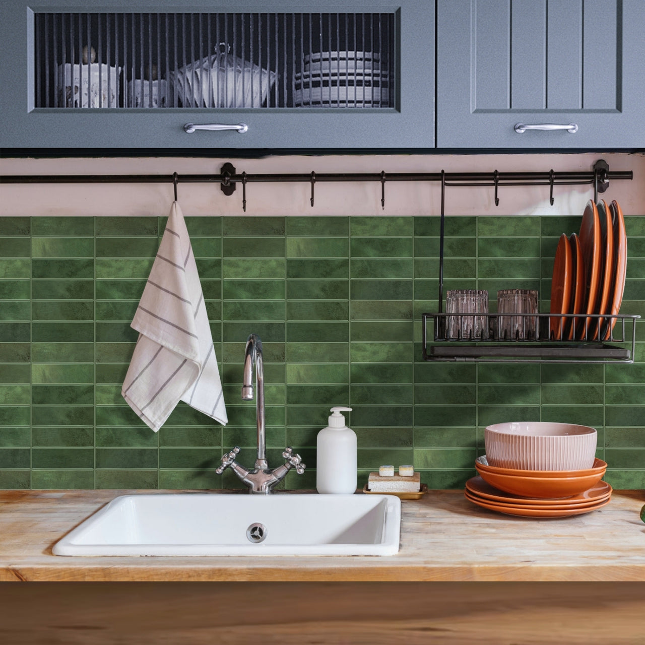 Stacked Subway Wall Tile | Green with Green Grout