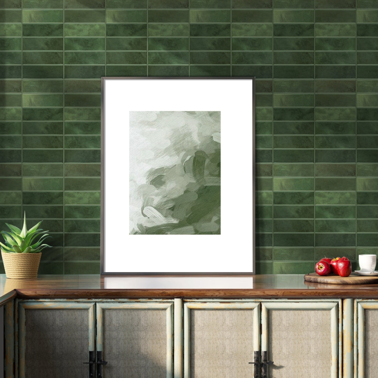 Stacked Subway Wall Tile | Green with Green Grout