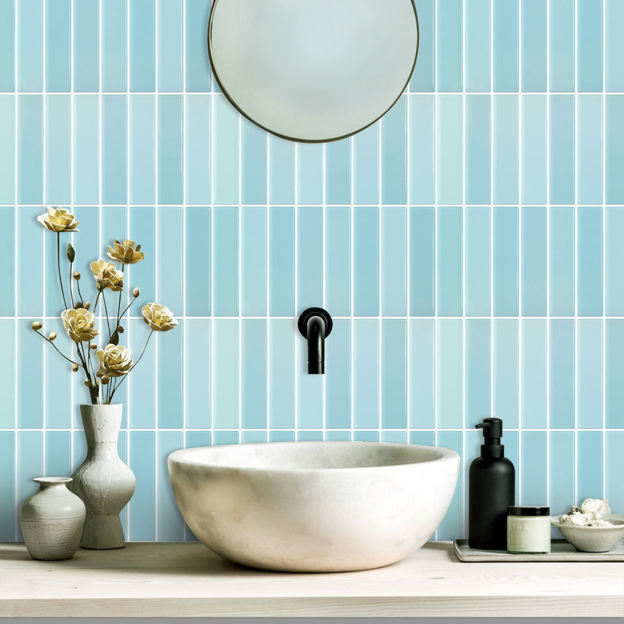Blue peel and stick kit kat tiles with white grout in bathroom