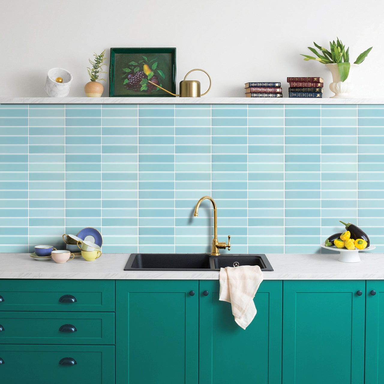 Blue peel and stick kit kat tiles with white grout on a kitchen wall