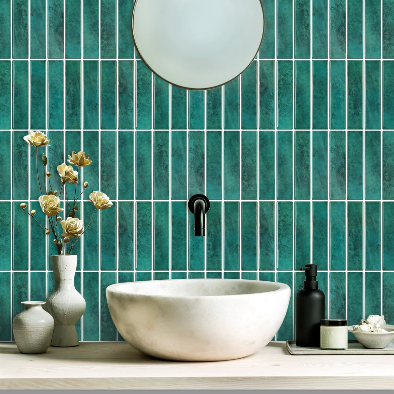 Green peel and stick kit kat tiles with white grout in bathroom