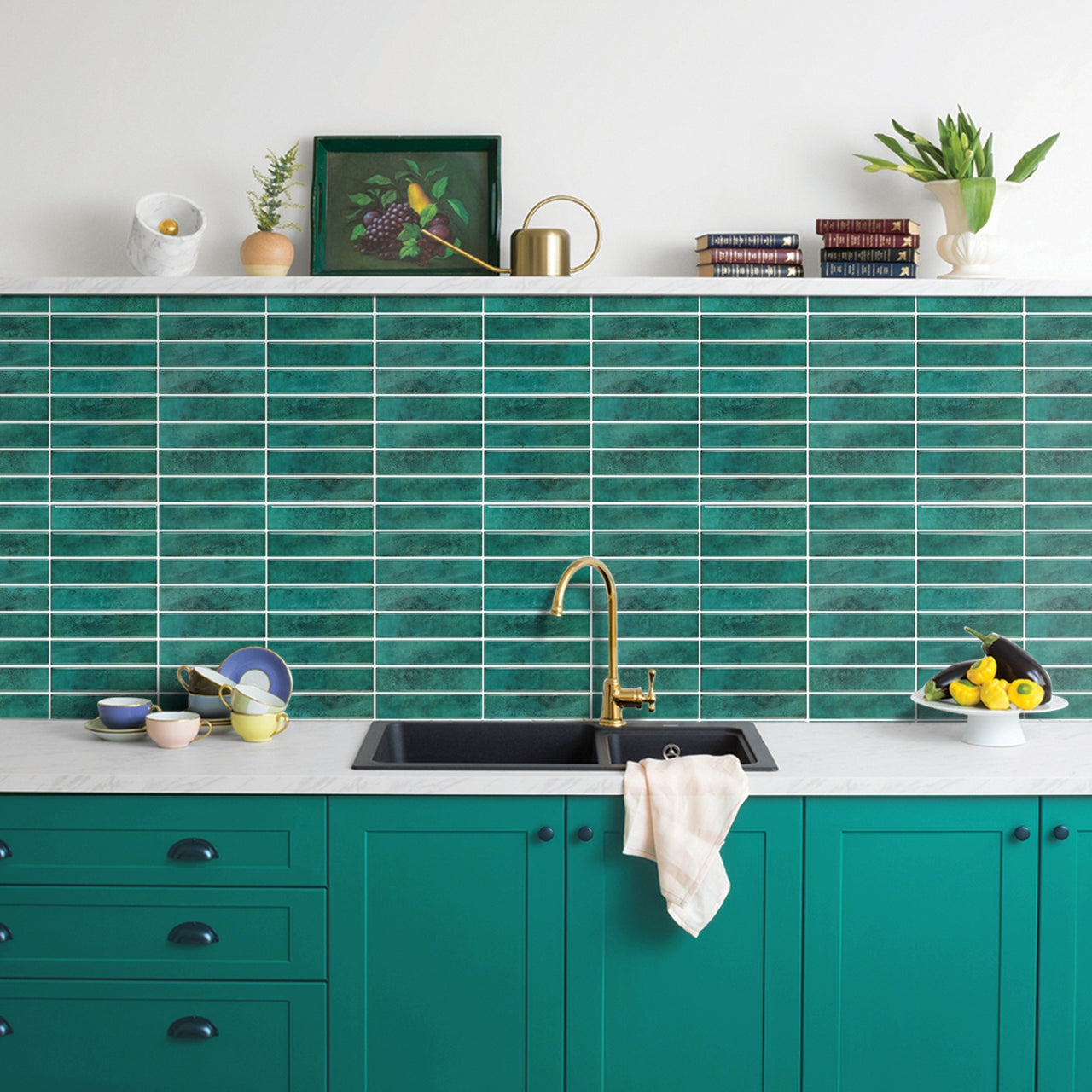 Green adhesive kit kat tiles with white grout as a kitchen back splash