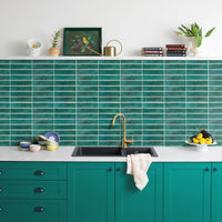 Thumbnail for Green adhesive kit kat tiles with white grout as a kitchen back splash