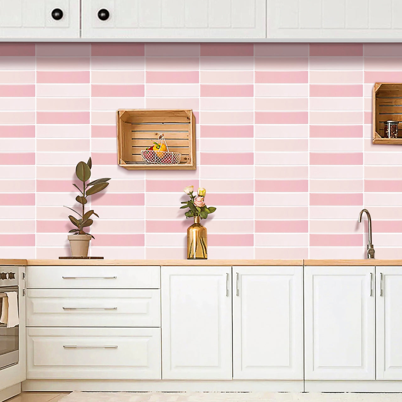 Pink kit kat tiles with white grout as kitchen backsplash