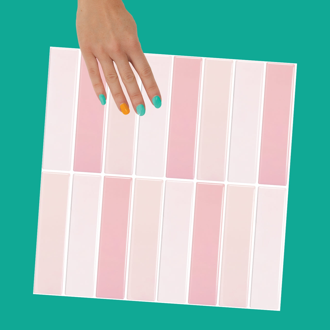 Pink peel and stick kit kat vinyl wall tile with white grout