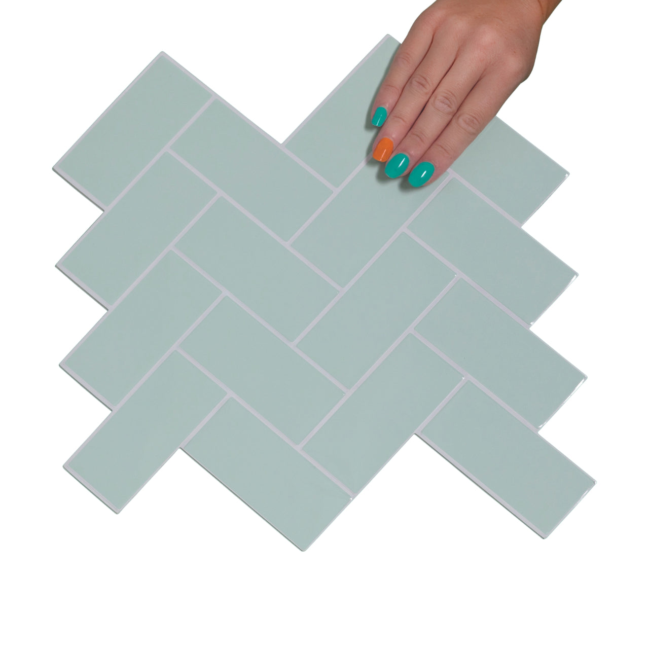 Herringbone Wall Tile | Mint Green with White Grout