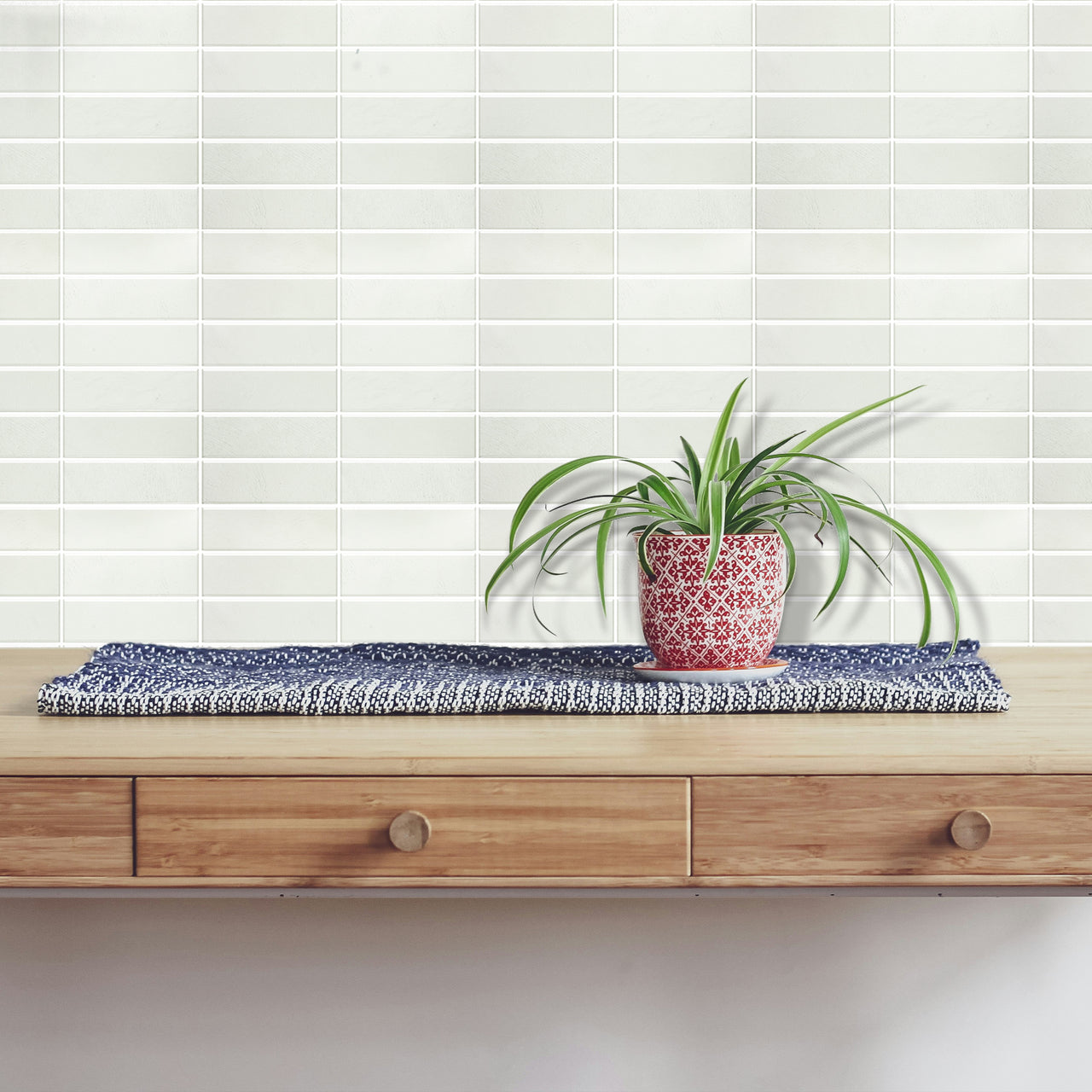 stacked subway tiles in off white as a splash back