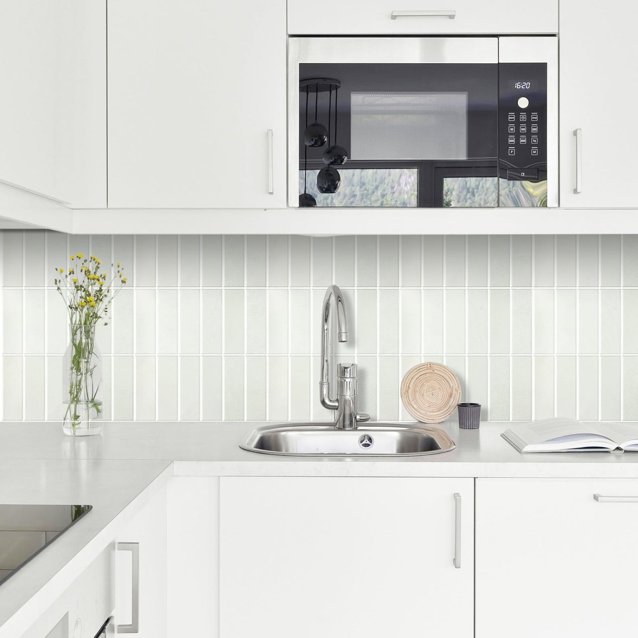 Off white stacked subway tile in kitchen