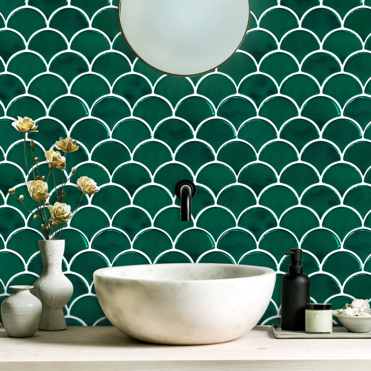 Green scalloped peel and stick tiles with white grout in bathroom
