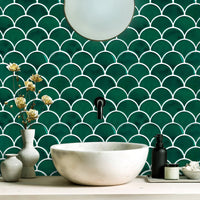 Thumbnail for Green scalloped peel and stick tiles with white grout in bathroom