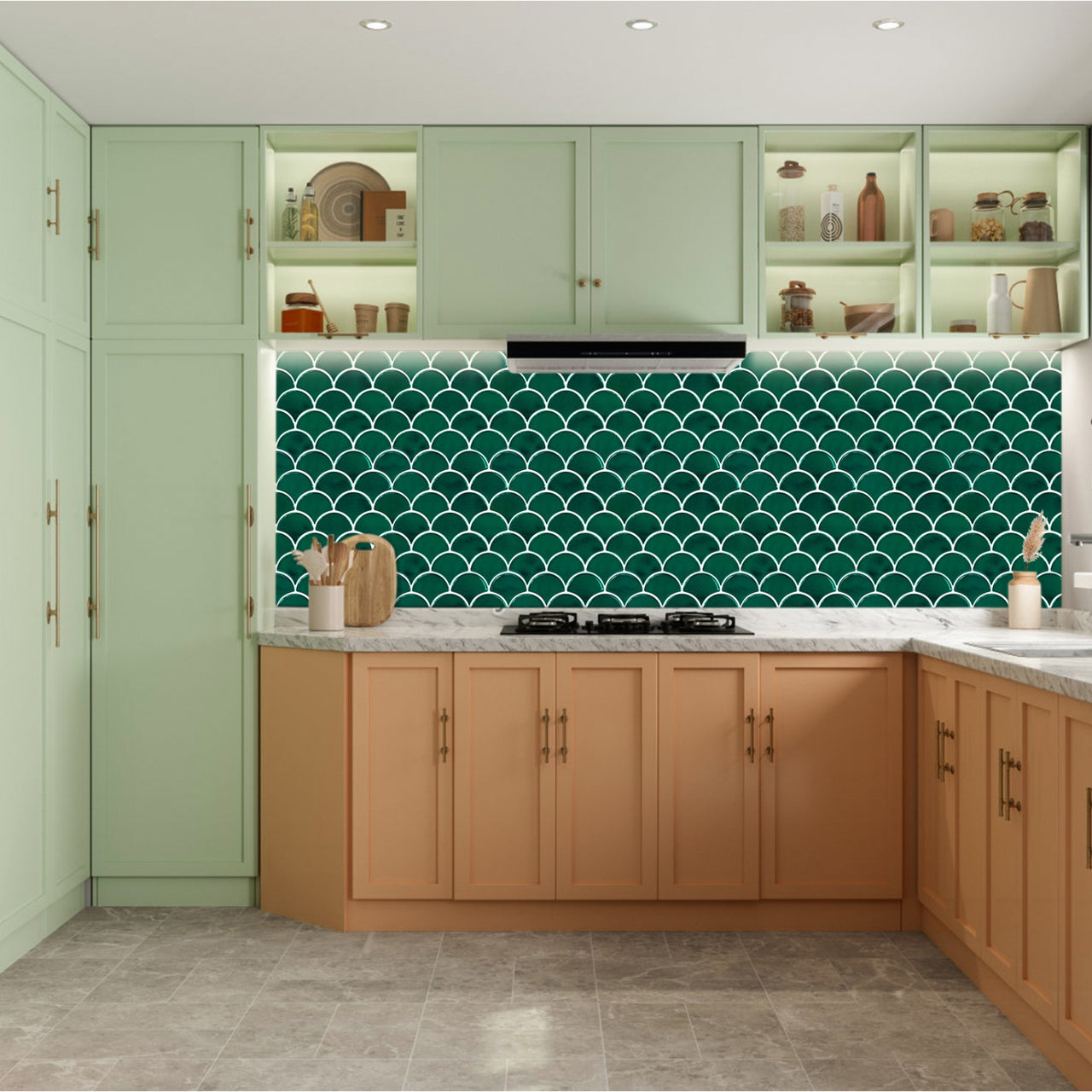 Green oriental fan self-adhesive kitchen tiles with white grout