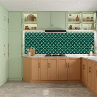 Thumbnail for Green oriental fan self-adhesive kitchen tiles with white grout