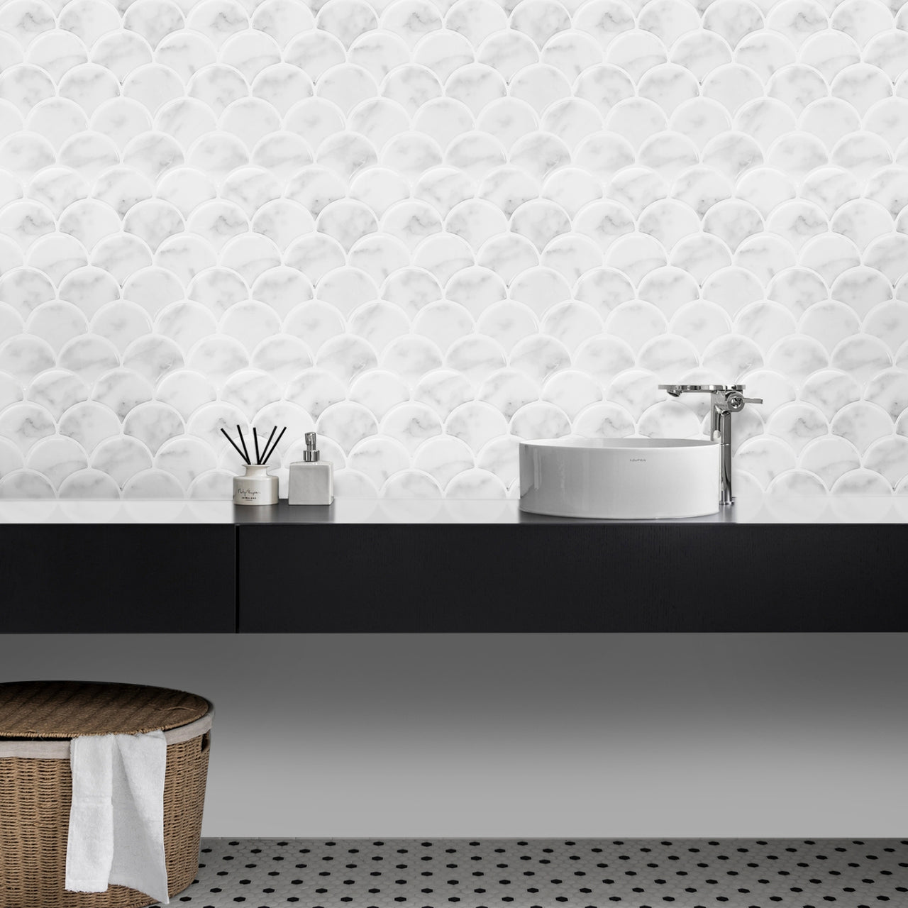 White and grey marble oriental fan tiles as a splash back